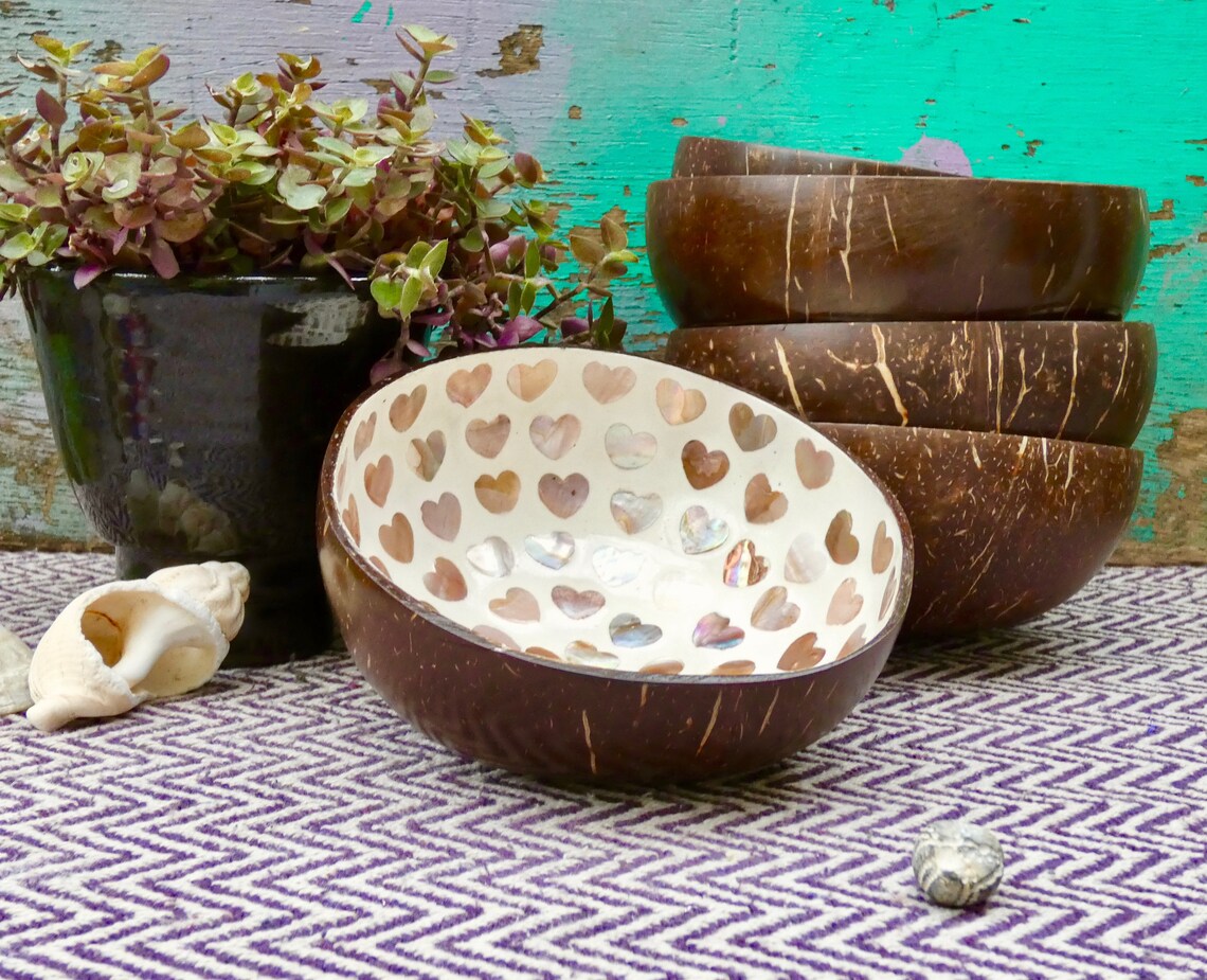 Cream Coconut Bowl with Mother of Pearl Inlay Light Heart