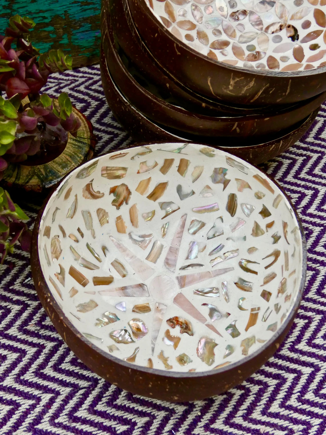 Cream Coconut Bowl with Mother of Pearl Inlay Light Sunburst
