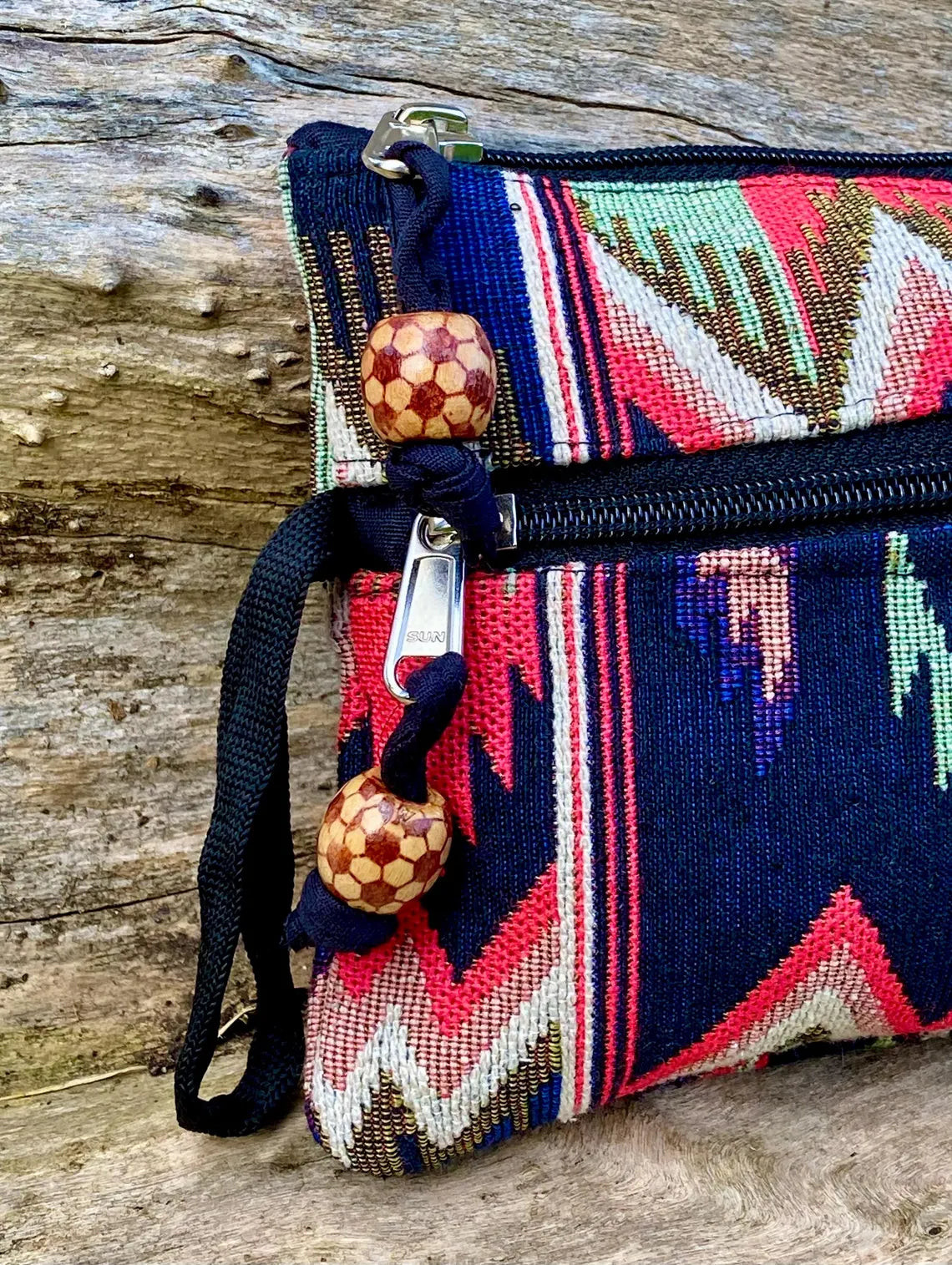 Navy and Coral Jacquard Woven Cotton Wristlet Purse Bag