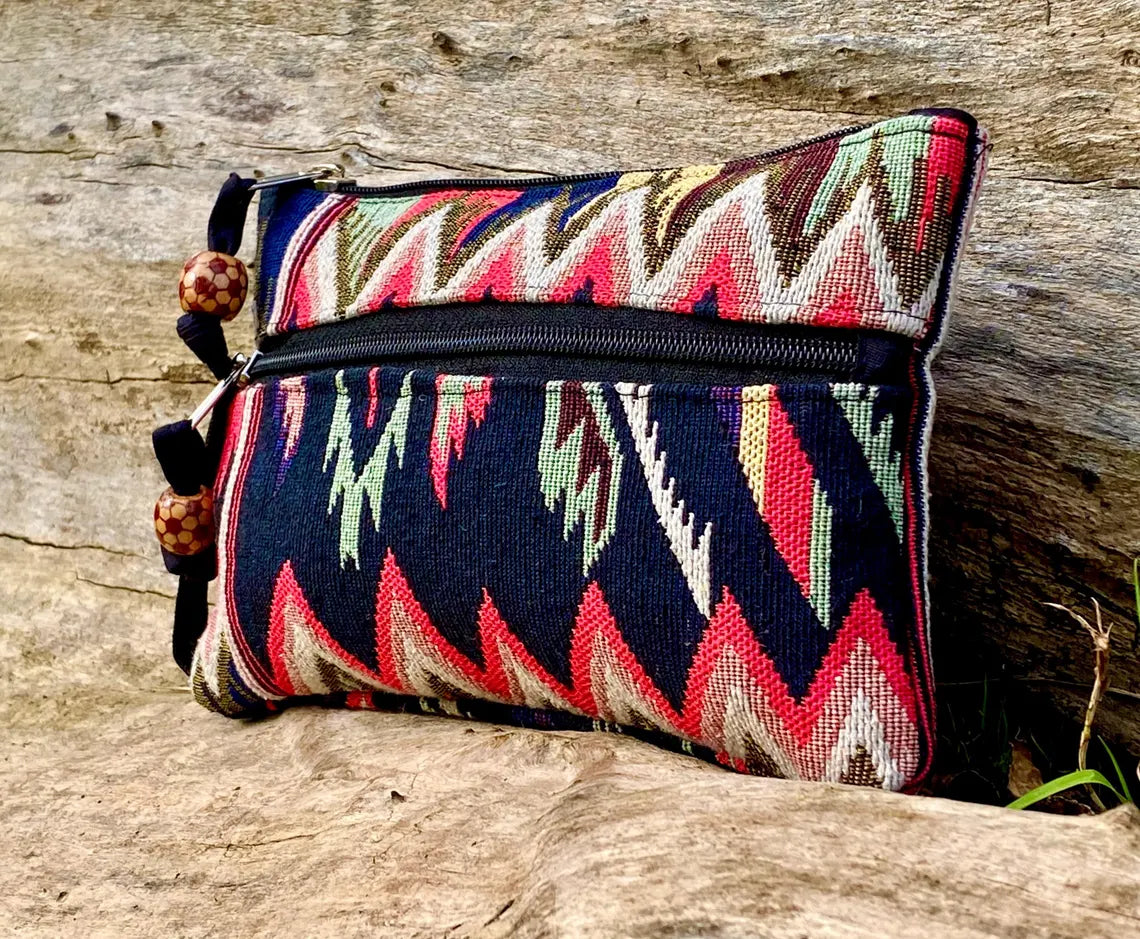 Navy and Coral Jacquard Woven Cotton Wristlet Purse Bag