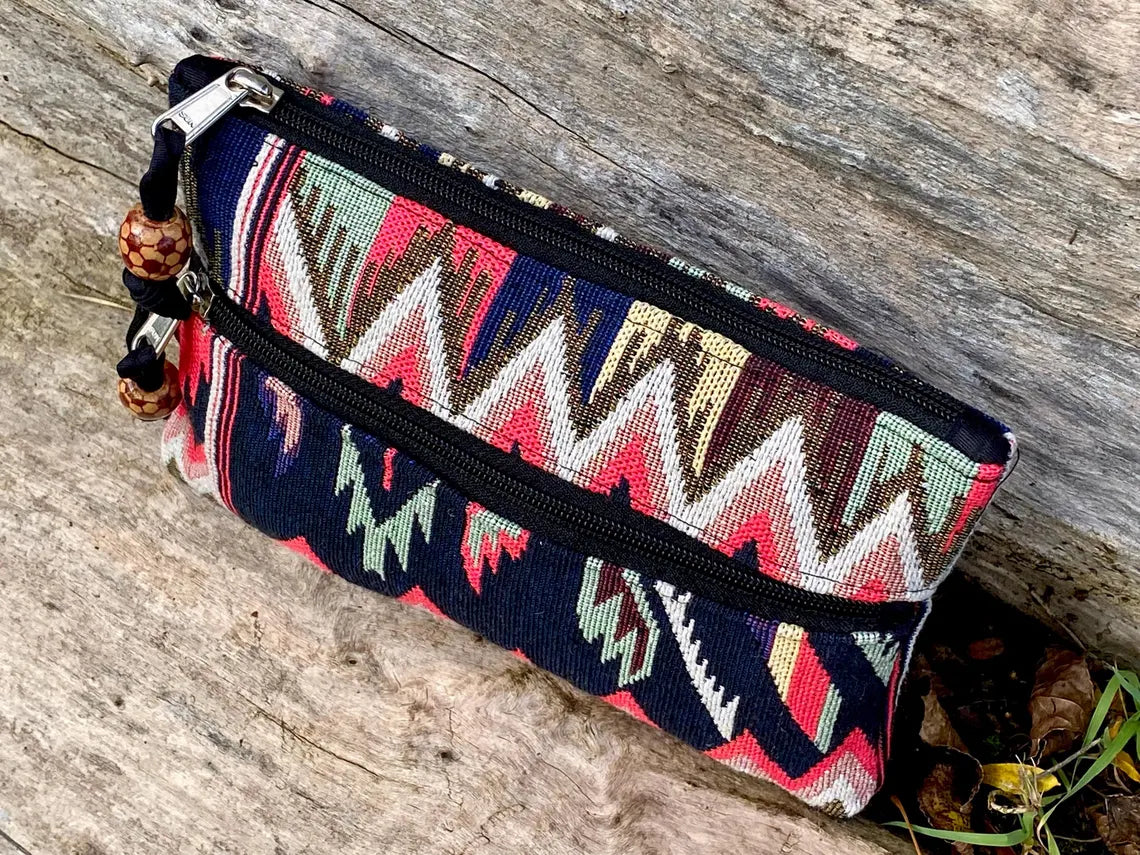 Navy and Coral Jacquard Woven Cotton Wristlet Purse Bag