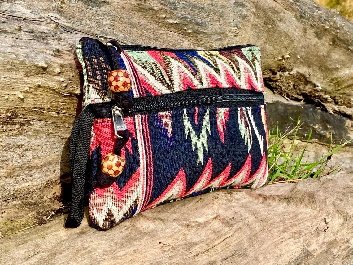 Navy and Coral Jacquard Woven Cotton Wristlet Purse Bag