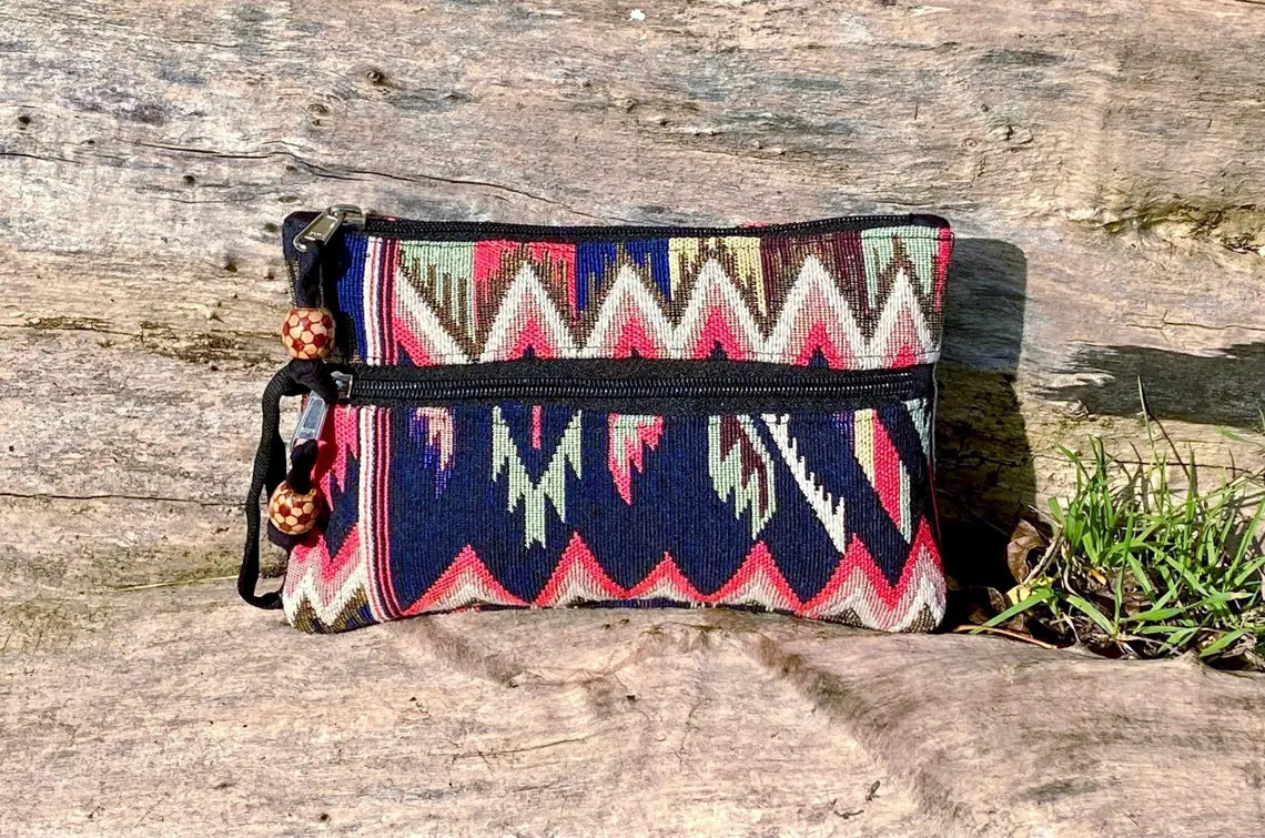 Navy and Coral Jacquard Woven Cotton Wristlet Purse Bag