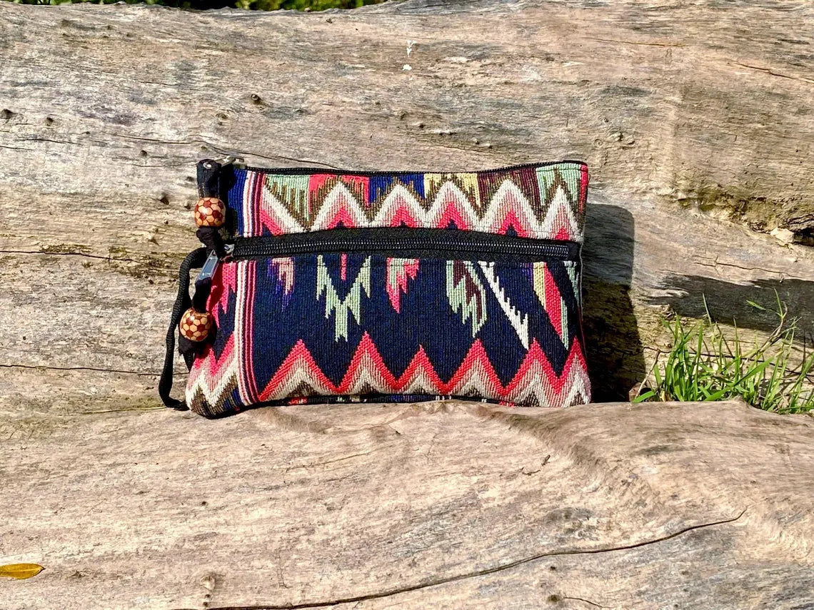 Navy and Coral Jacquard Woven Cotton Wristlet Purse Bag