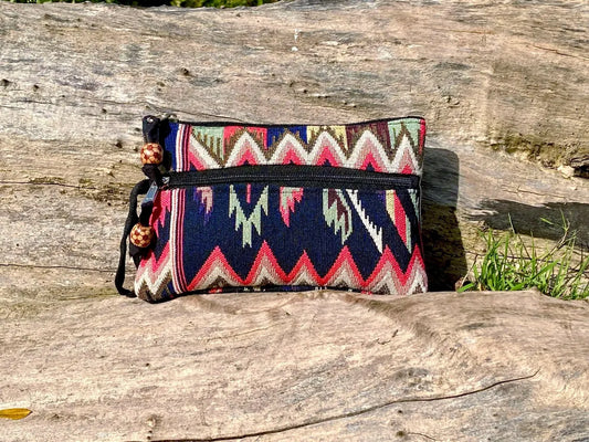 Navy and Coral Jacquard Woven Cotton Wristlet Purse Bag