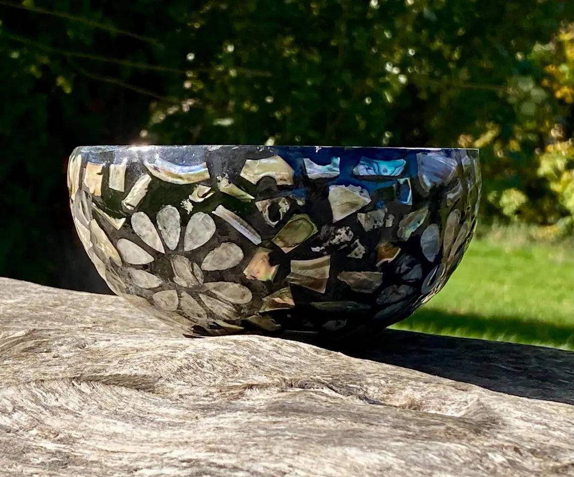Black Coconut Bowl with Exterior Mother of Pearl Inlay Dark Flower