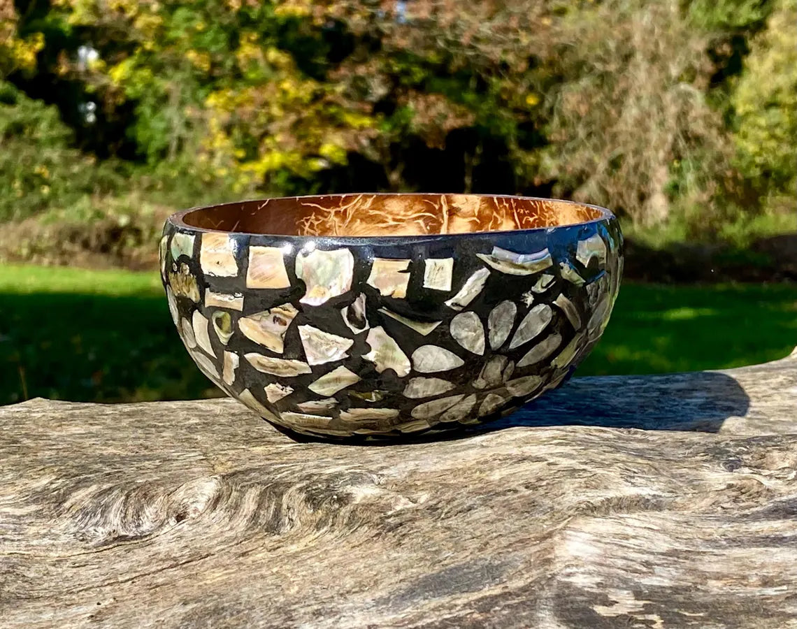 Black Coconut Bowl with Exterior Mother of Pearl Inlay Dark Flower