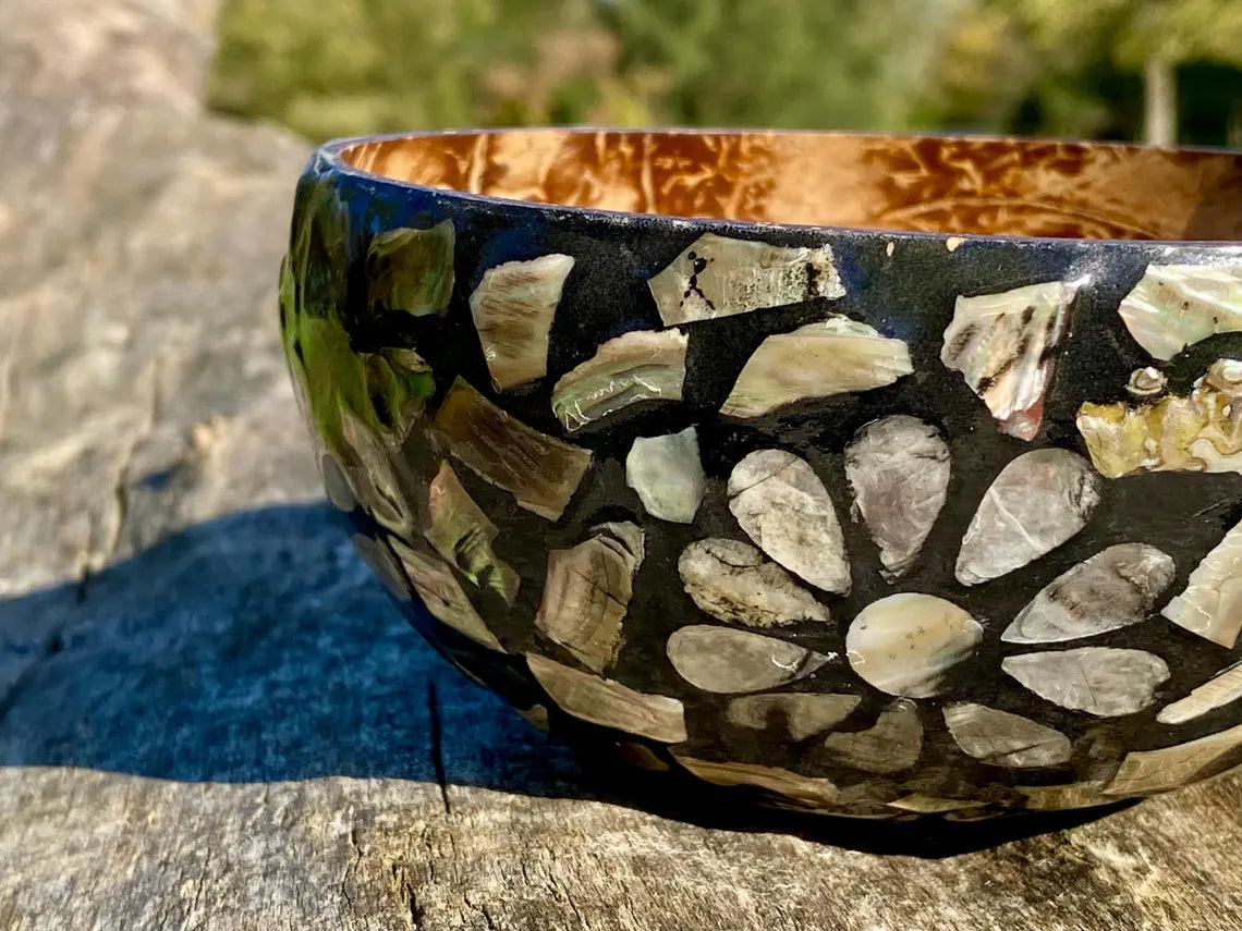 Black Coconut Bowl with Exterior Mother of Pearl Inlay Dark Flower
