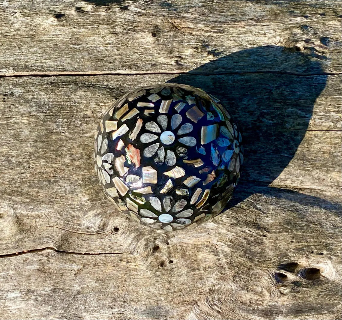 Black Coconut Bowl with Exterior Mother of Pearl Inlay Dark Flower