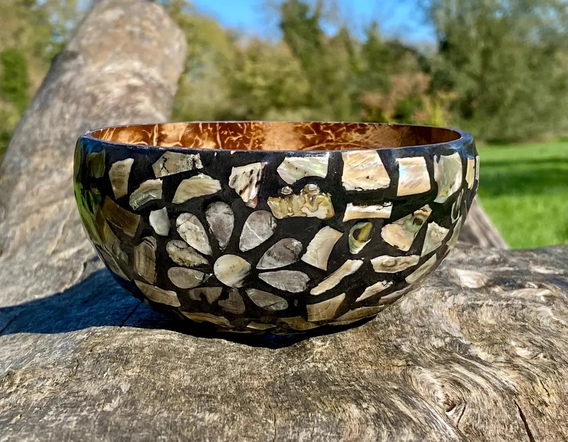 Black Coconut Bowl with Exterior Mother of Pearl Inlay Dark Flower