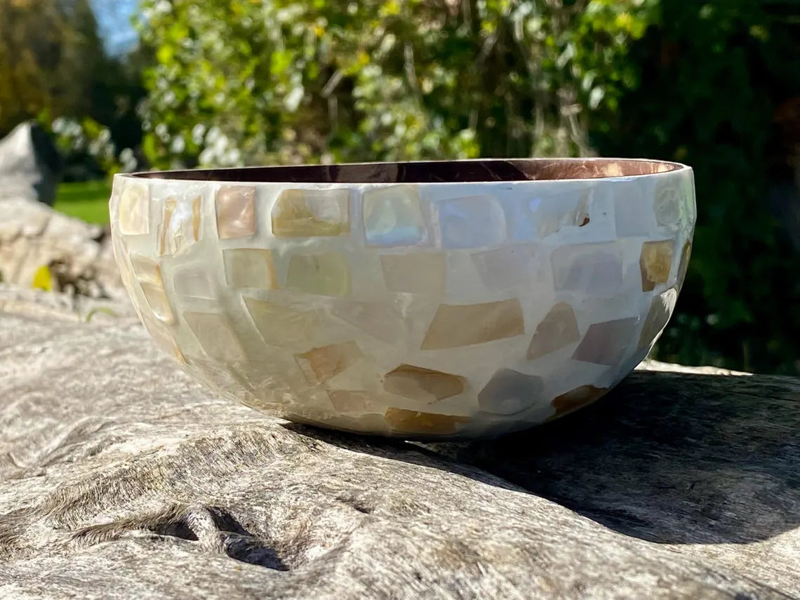 Cream Coconut Bowl with Exterior Mother of Pearl Inlay Light Mosaic