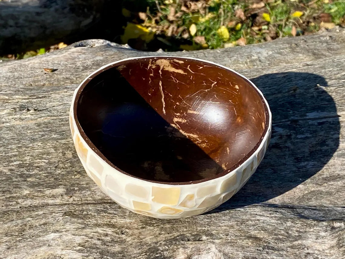 Cream Coconut Bowl with Exterior Mother of Pearl Inlay Light Mosaic