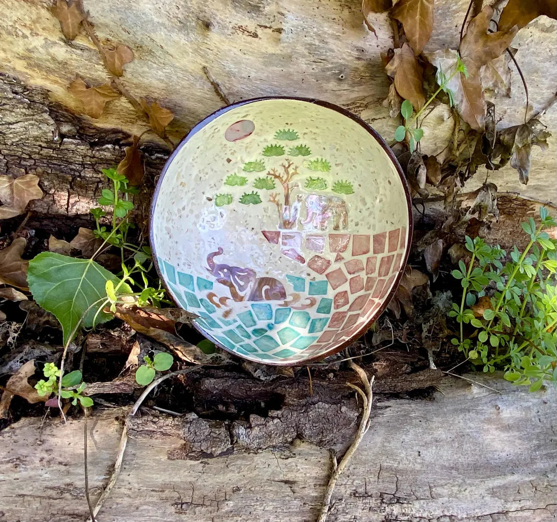 Cream Coconut Bowl with Mother of Pearl Inlay Colourful Elephant