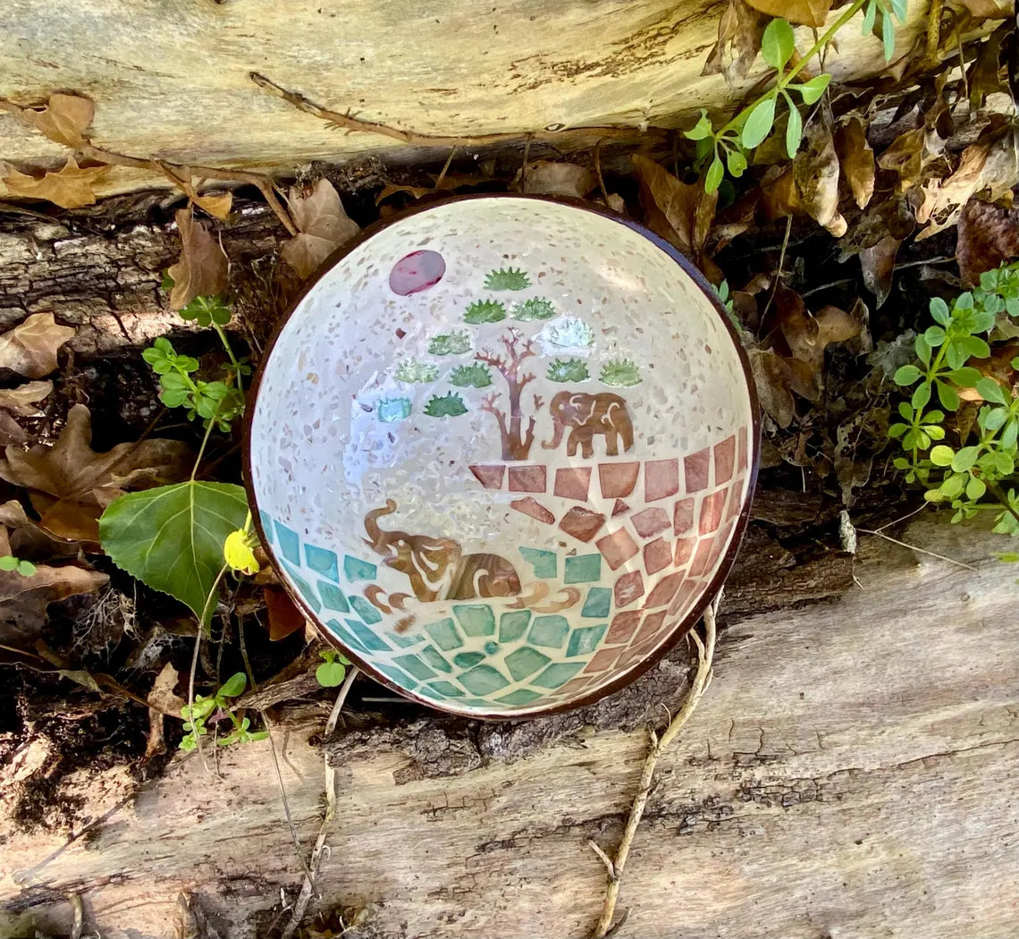 Cream Coconut Bowl with Mother of Pearl Inlay Colourful Elephant