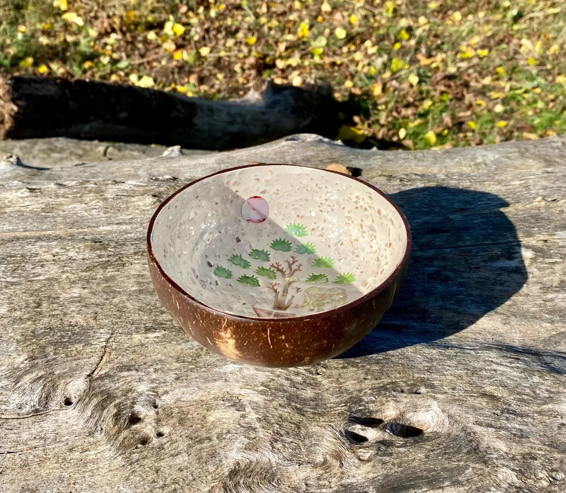 Cream Coconut Bowl with Mother of Pearl Inlay Colourful Elephant