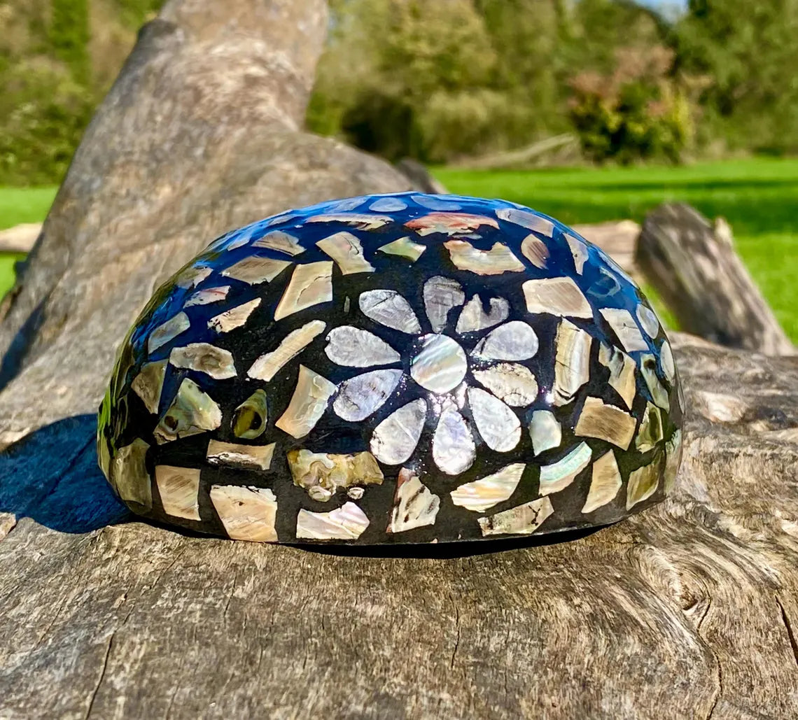 Black Coconut Bowl with Exterior Mother of Pearl Inlay Dark Flower