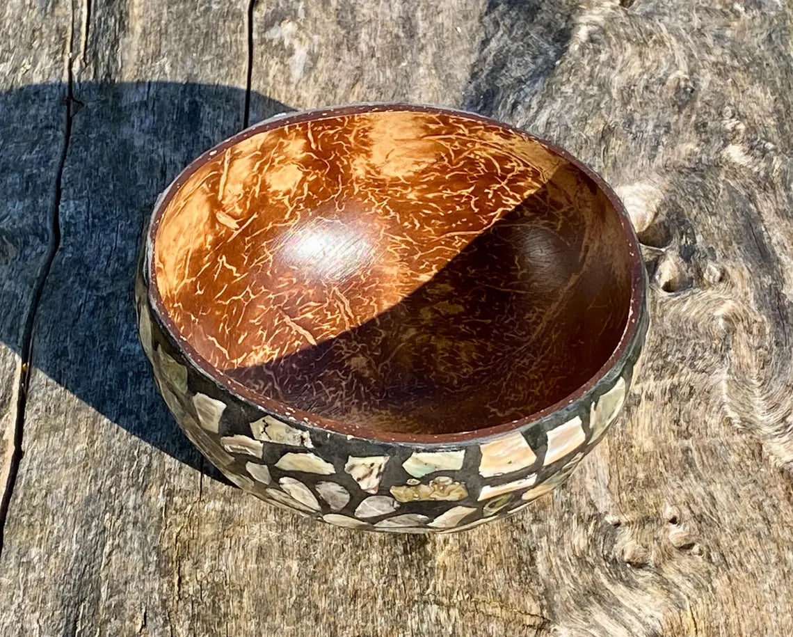 Black Coconut Bowl with Exterior Mother of Pearl Inlay Dark Flower