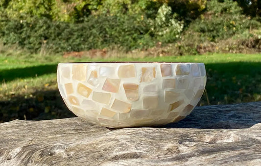Cream Coconut Bowl with Exterior Mother of Pearl Inlay Light Mosaic