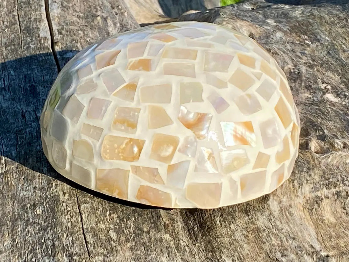 Cream Coconut Bowl with Exterior Mother of Pearl Inlay Light Mosaic