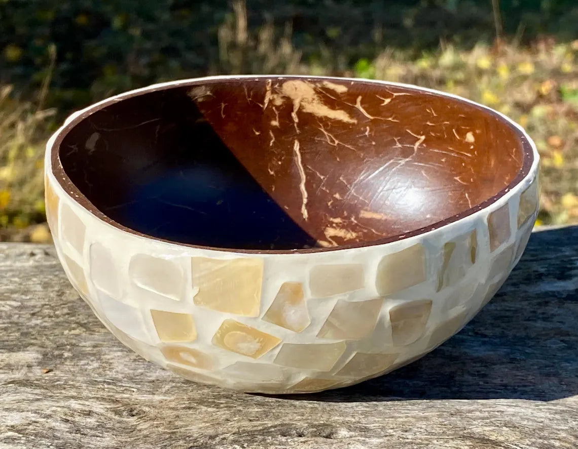 Cream Coconut Bowl with Exterior Mother of Pearl Inlay Light Mosaic