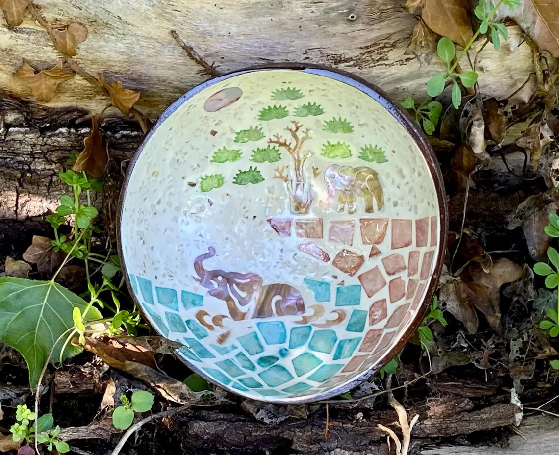 Cream Coconut Bowl with Mother of Pearl Inlay Colourful Elephant