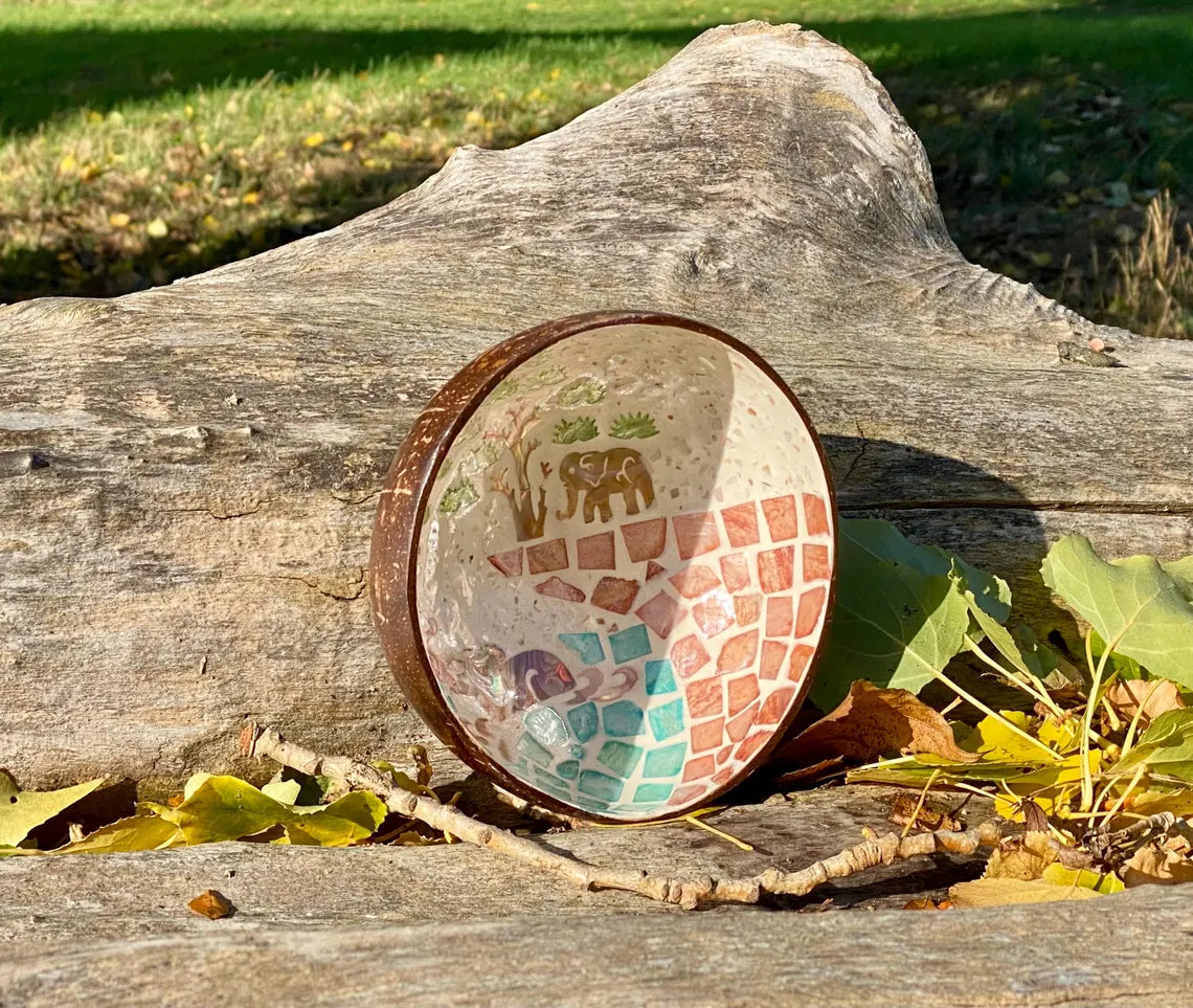 Cream Coconut Bowl with Mother of Pearl Inlay Colourful Elephant