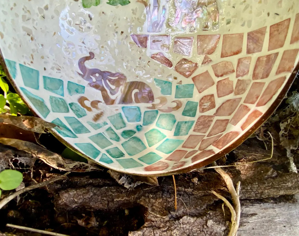 Cream Coconut Bowl with Mother of Pearl Inlay Colourful Elephant