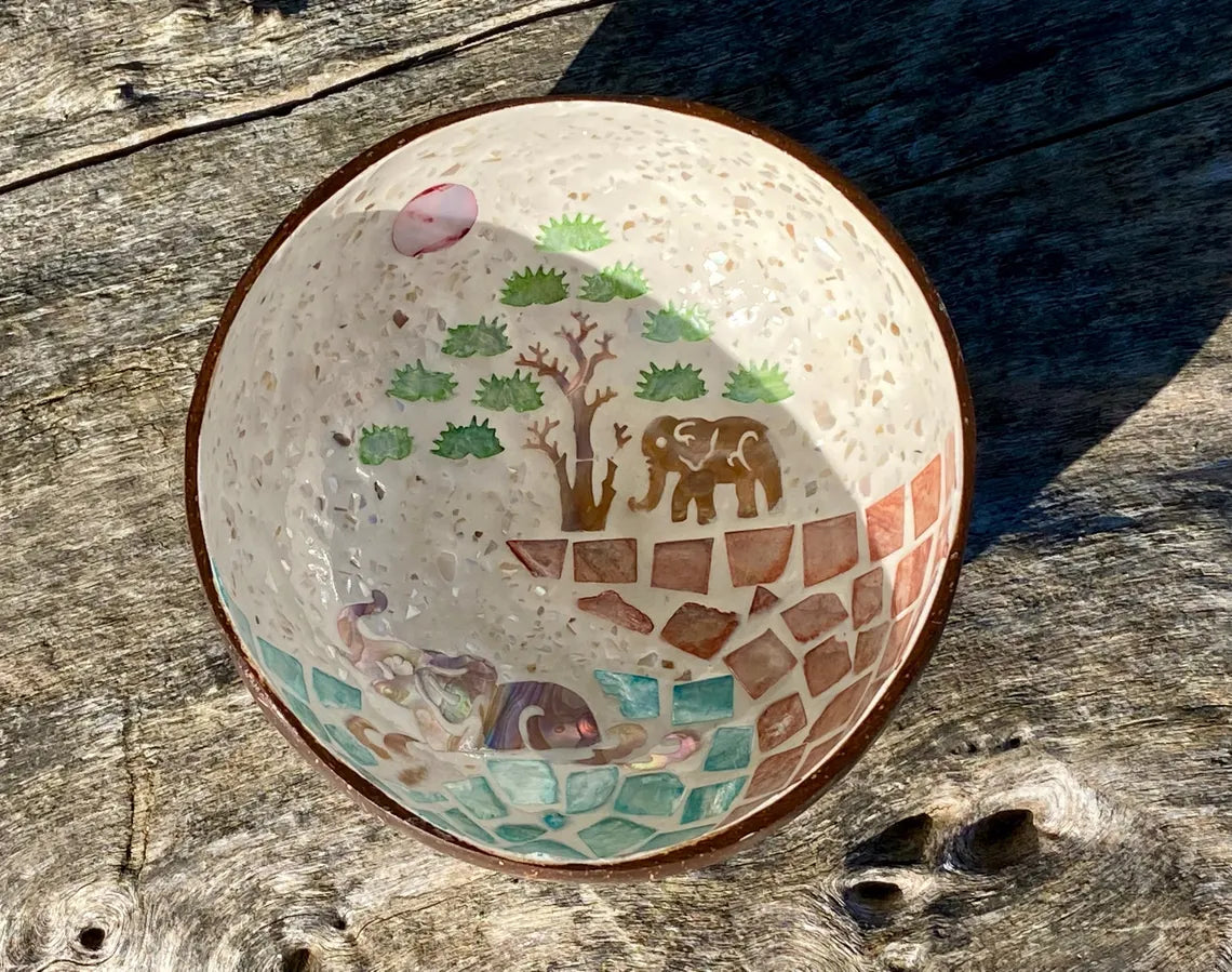 Cream Coconut Bowl with Mother of Pearl Inlay Colourful Elephant