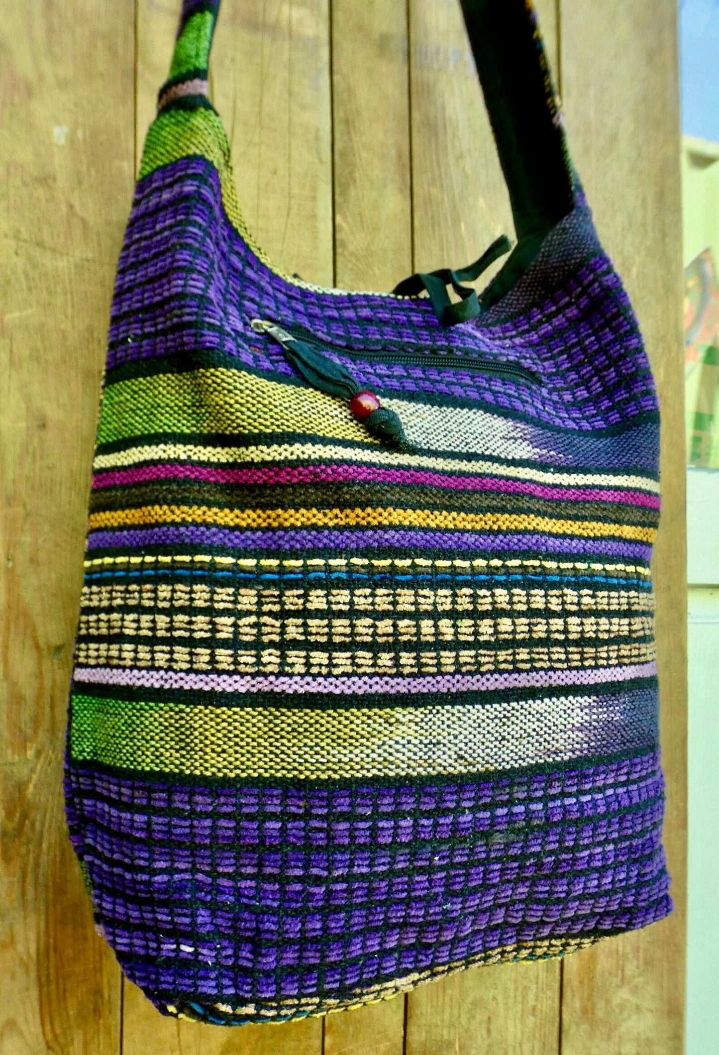 Purple Colourful Stripe Woven Cotton Bucket Bag