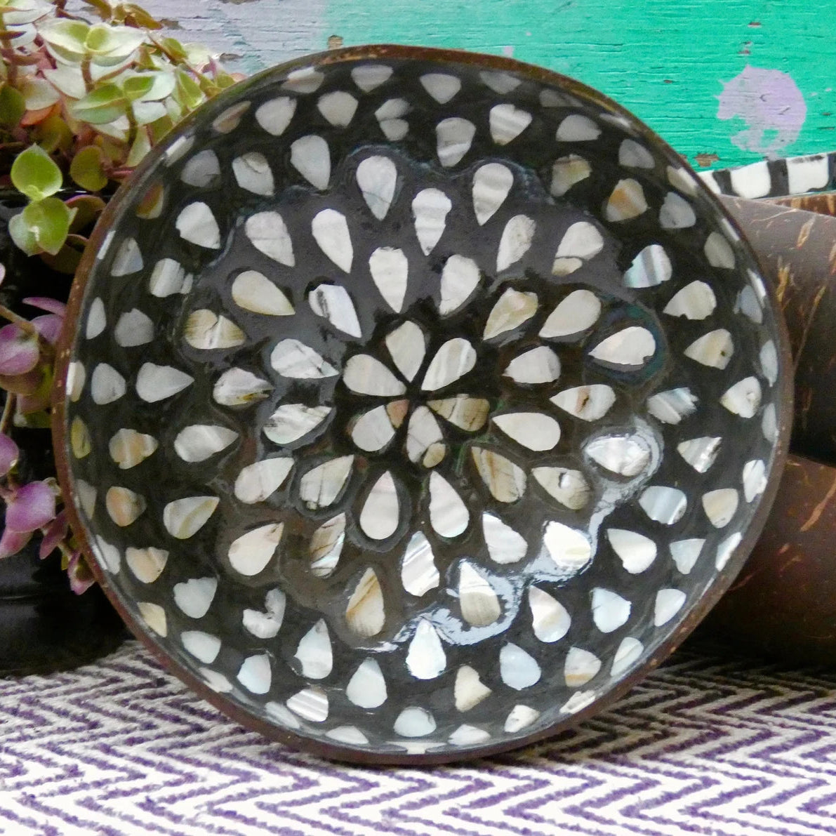 Black Coconut Bowl with Mother of Pearl Inlay