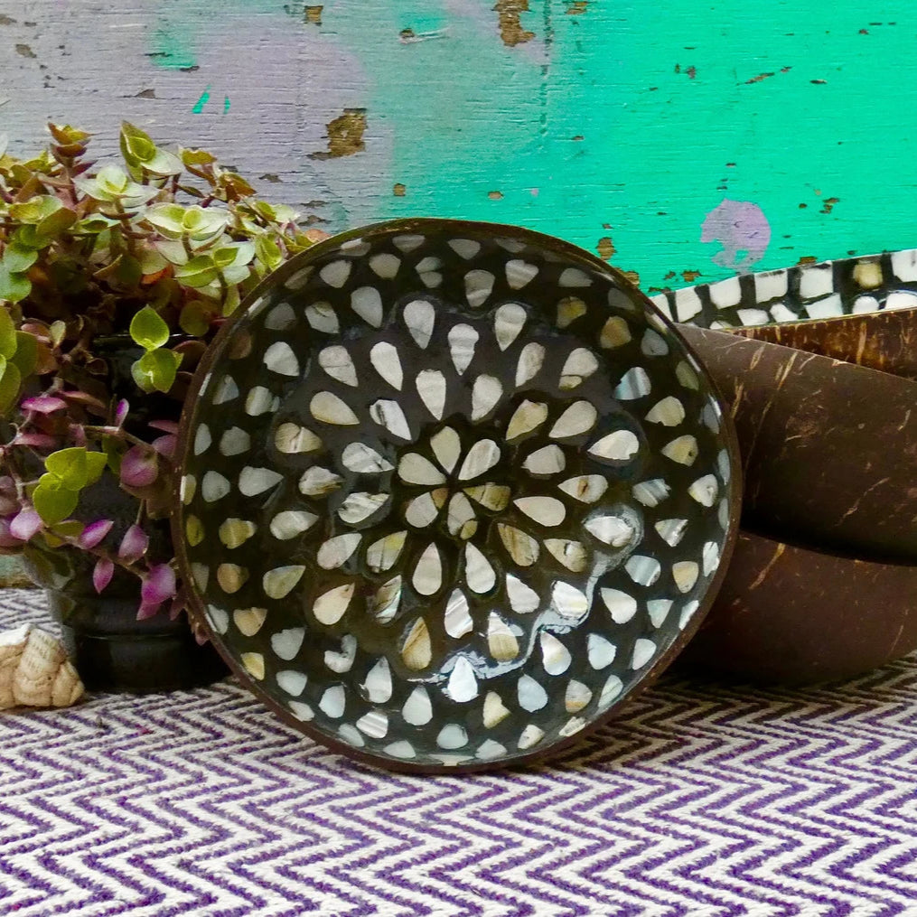 Black Coconut Bowl with Mother of Pearl Inlay