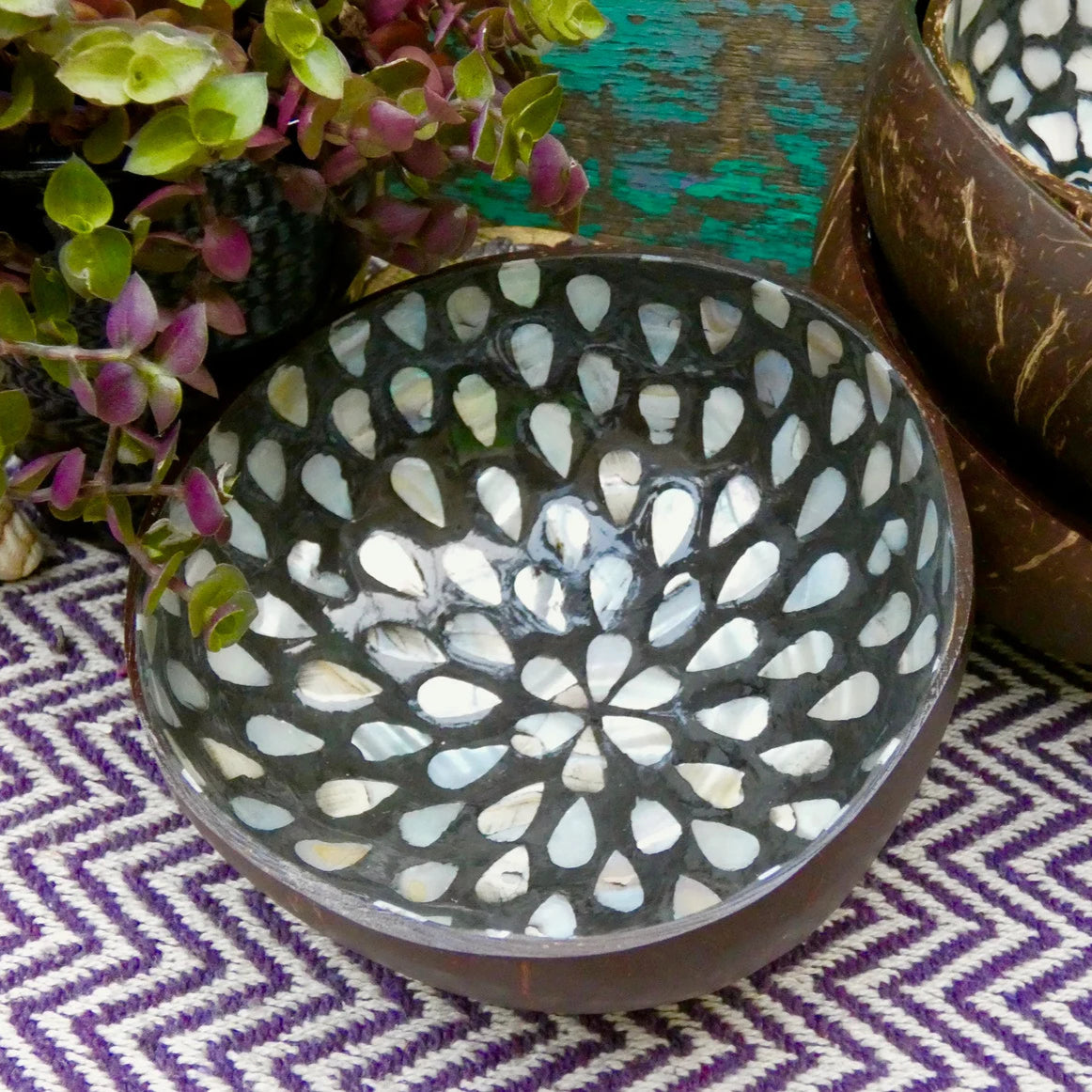 Black Coconut Bowl with Mother of Pearl Inlay