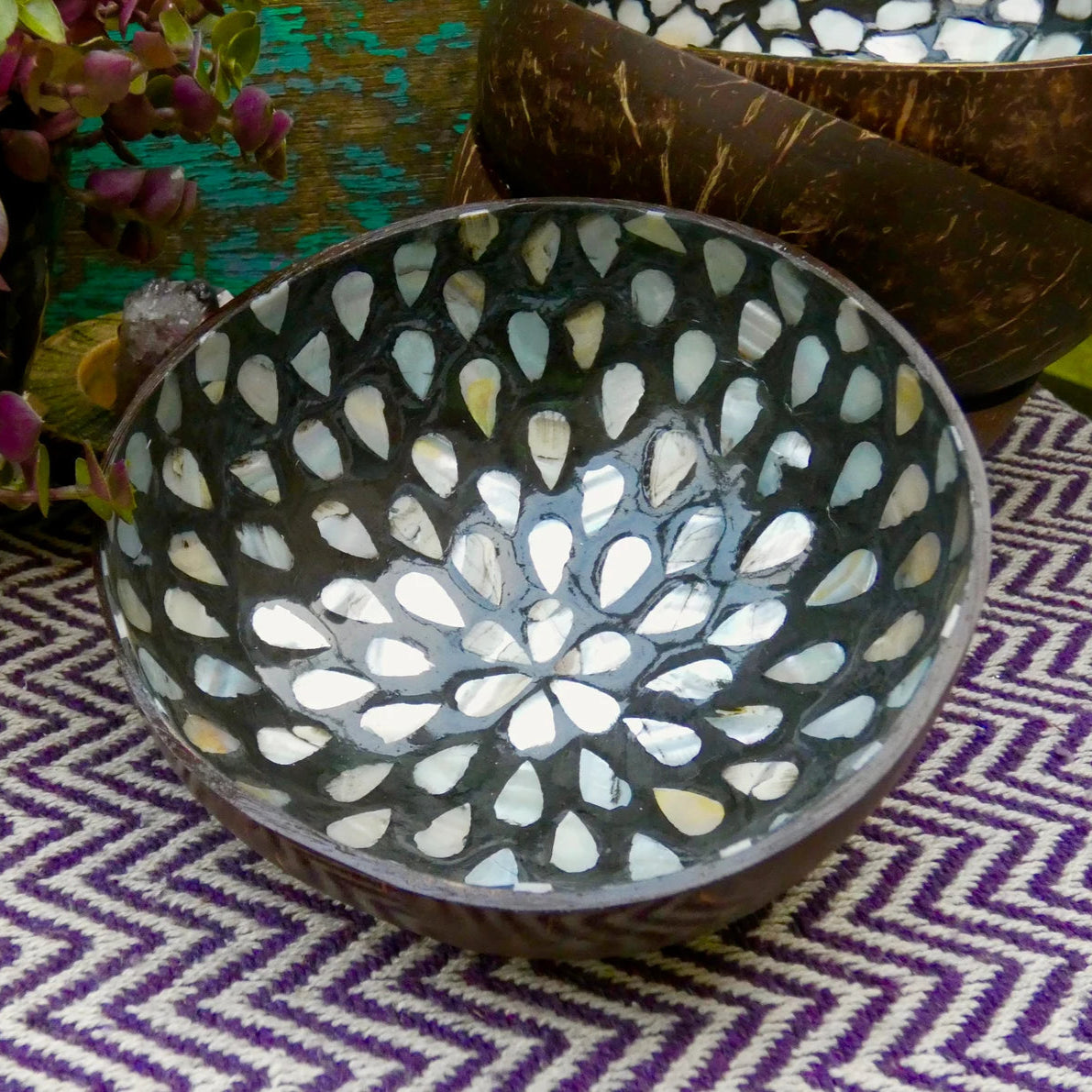 Black Coconut Bowl with Mother of Pearl Inlay
