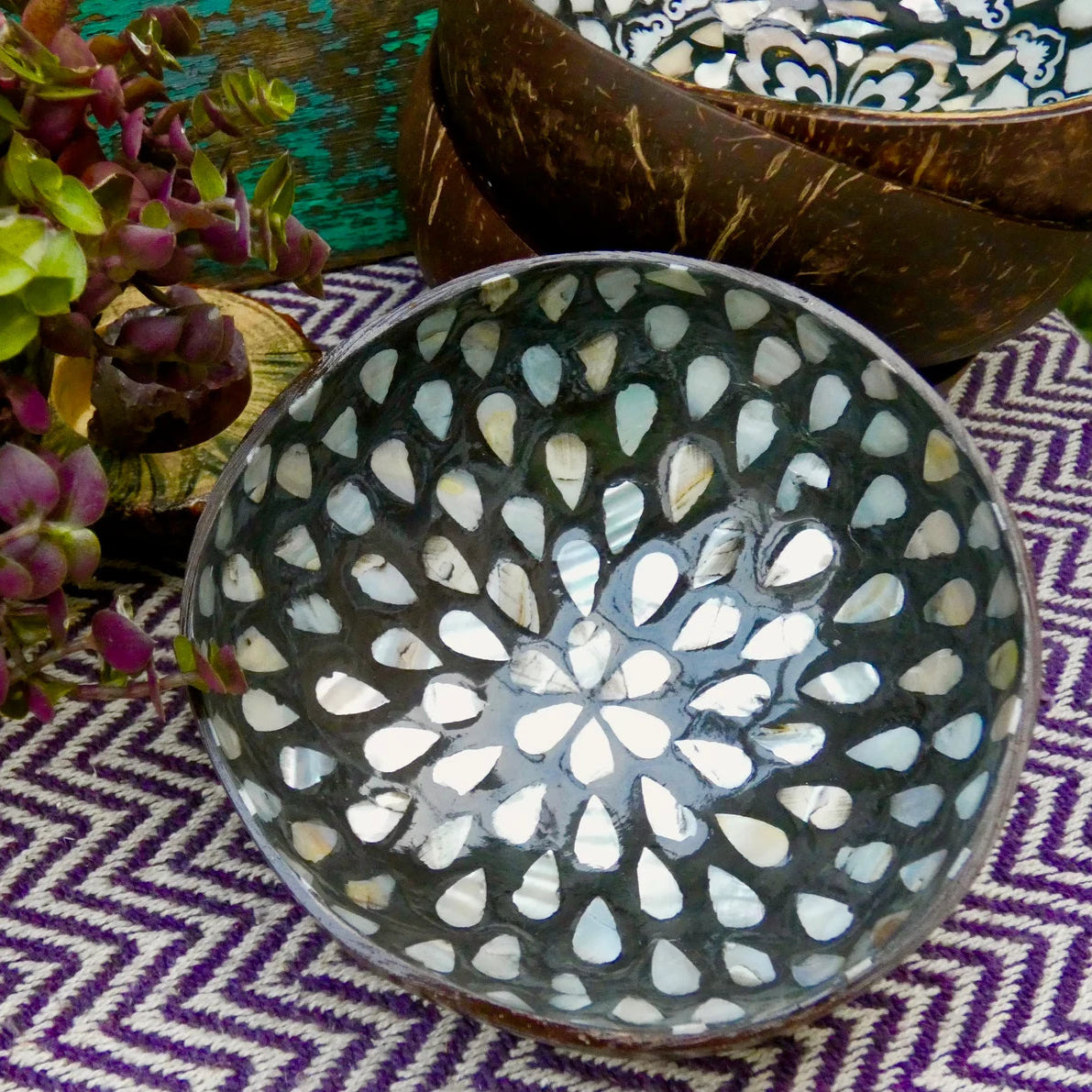 Black Coconut Bowl with Mother of Pearl Inlay