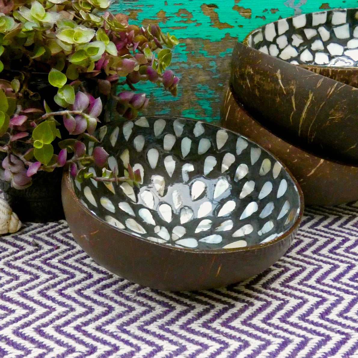 Black Coconut Bowl with Mother of Pearl Inlay