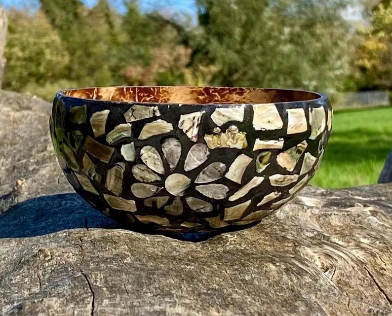 Black Coconut Bowl with Exterior Mother of Pearl Inlay Dark Flower