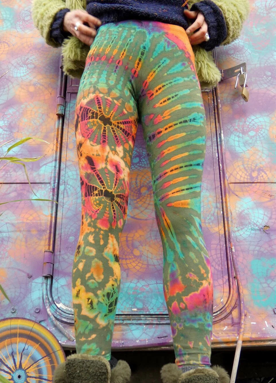 Olive Green Colourful Tie-Dye Leggings SMALL