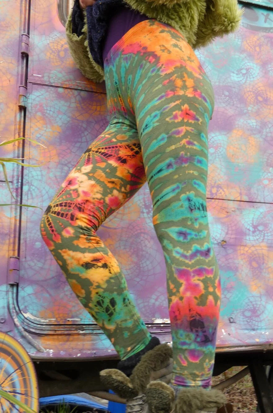 Olive Green Colourful Tie-Dye Leggings SMALL