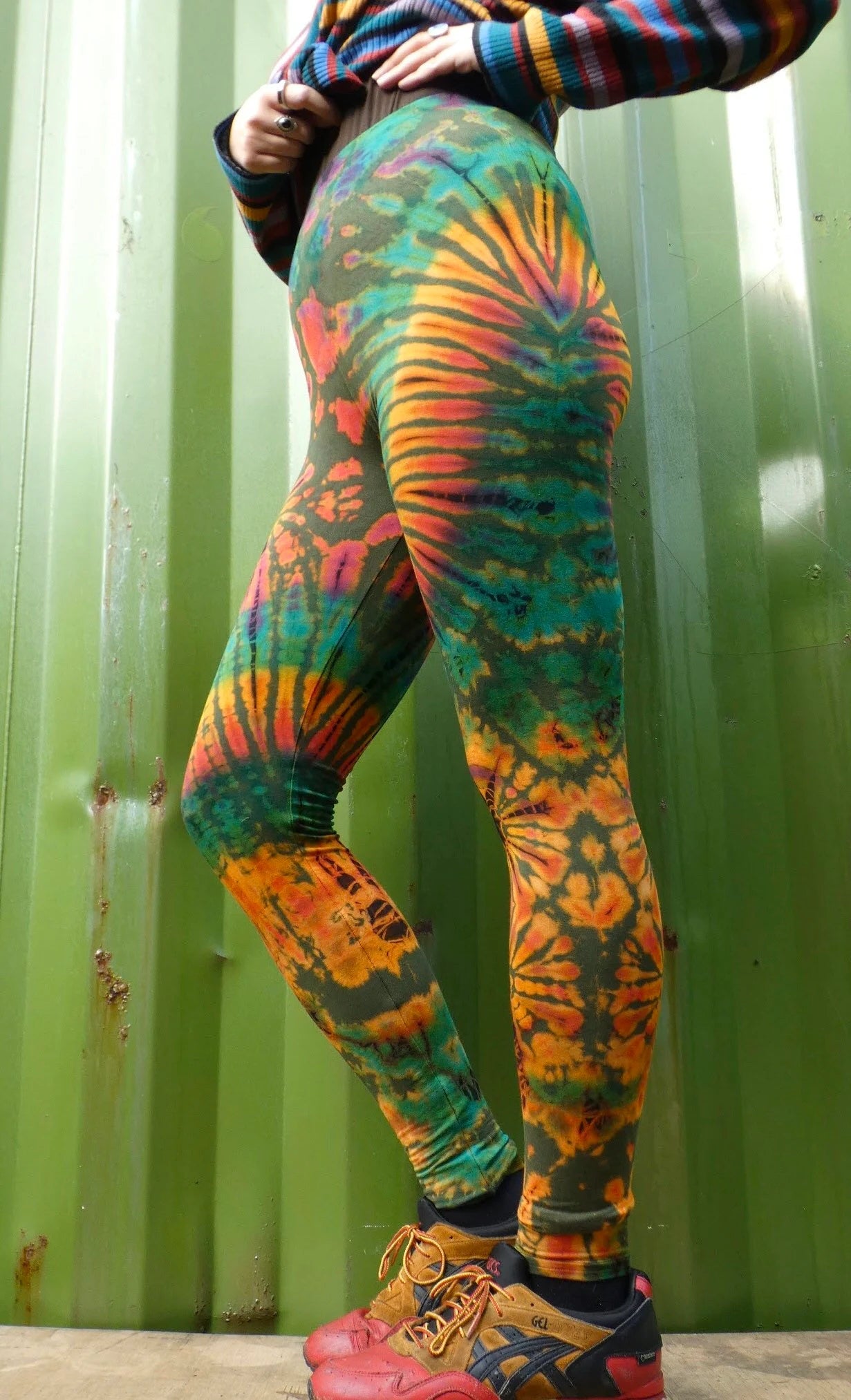 Olive Green Colourful Tie-Dye Leggings SMALL