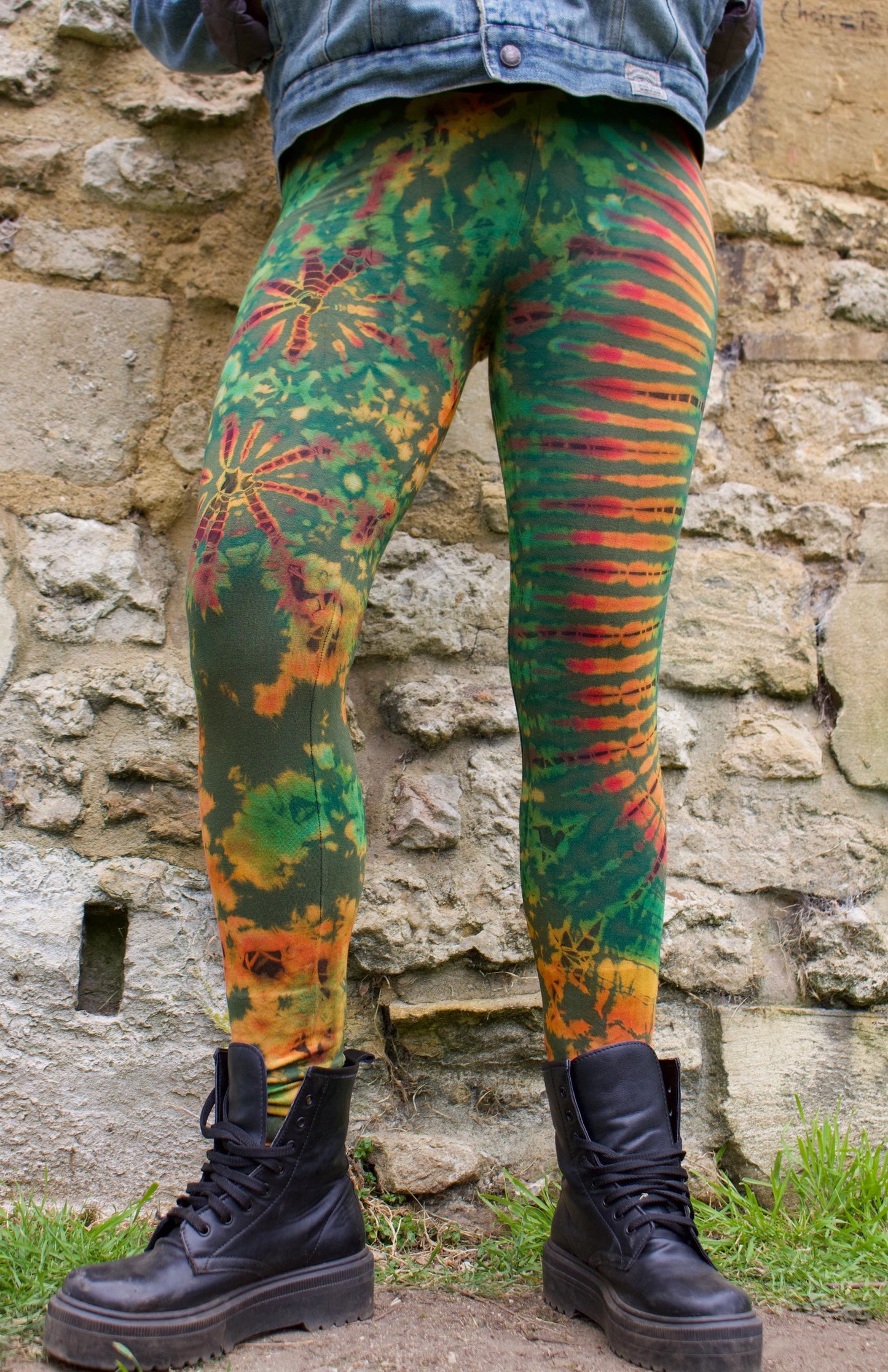 Olive Green Colourful Tie-Dye Leggings SMALL