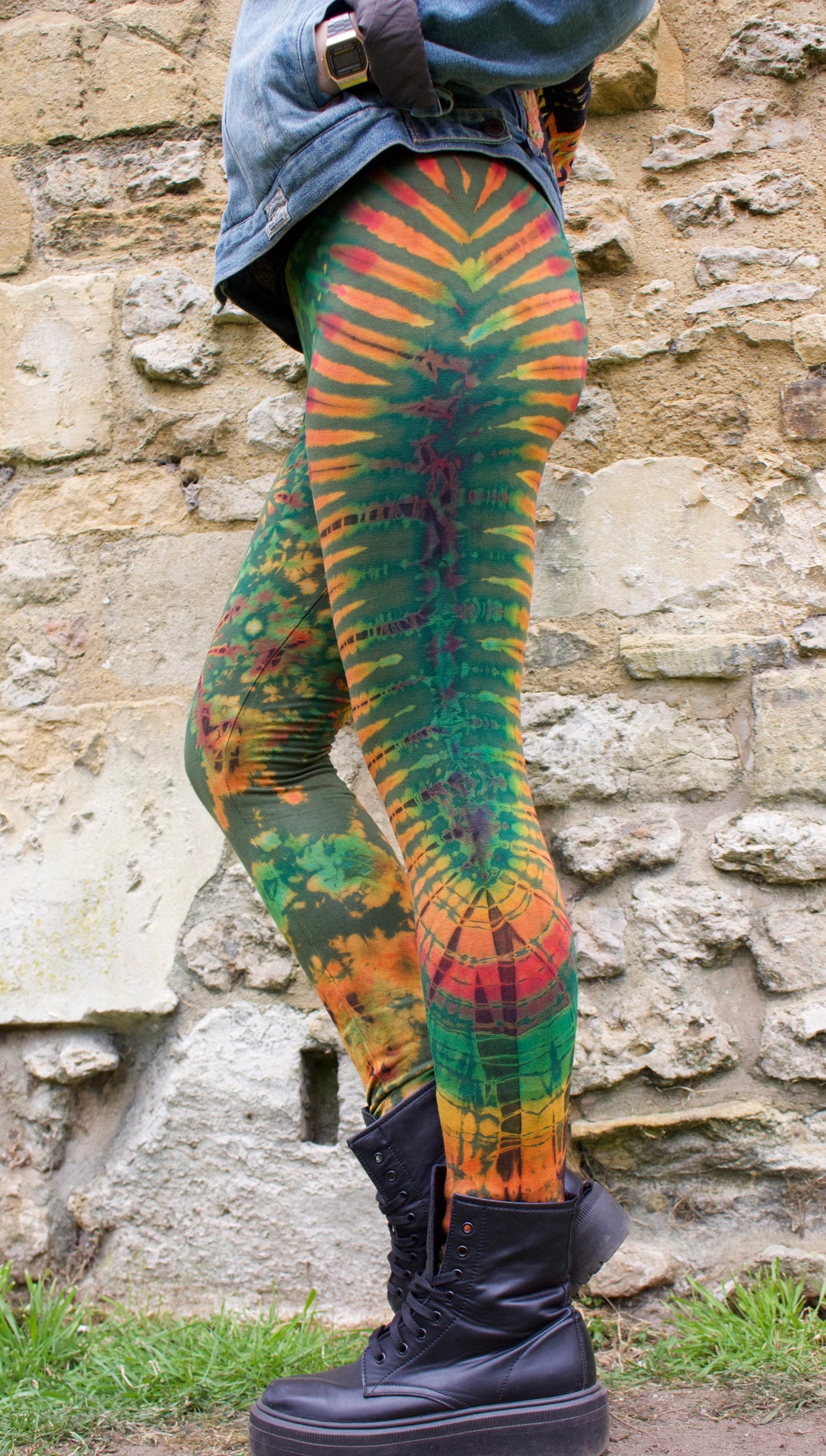 Olive Green Colourful Tie-Dye Leggings SMALL