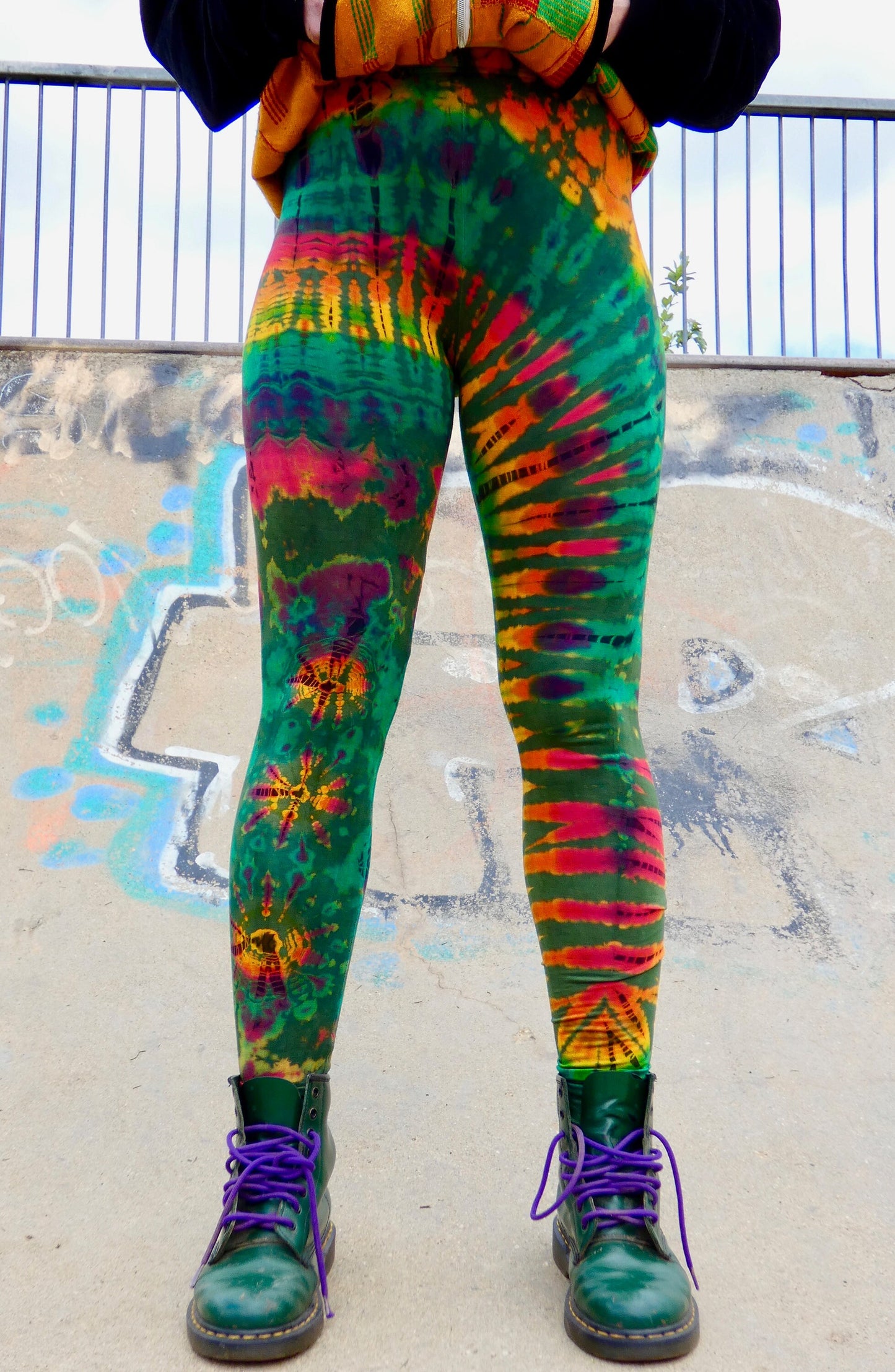 Olive Green Colourful Tie-Dye Leggings SMALL