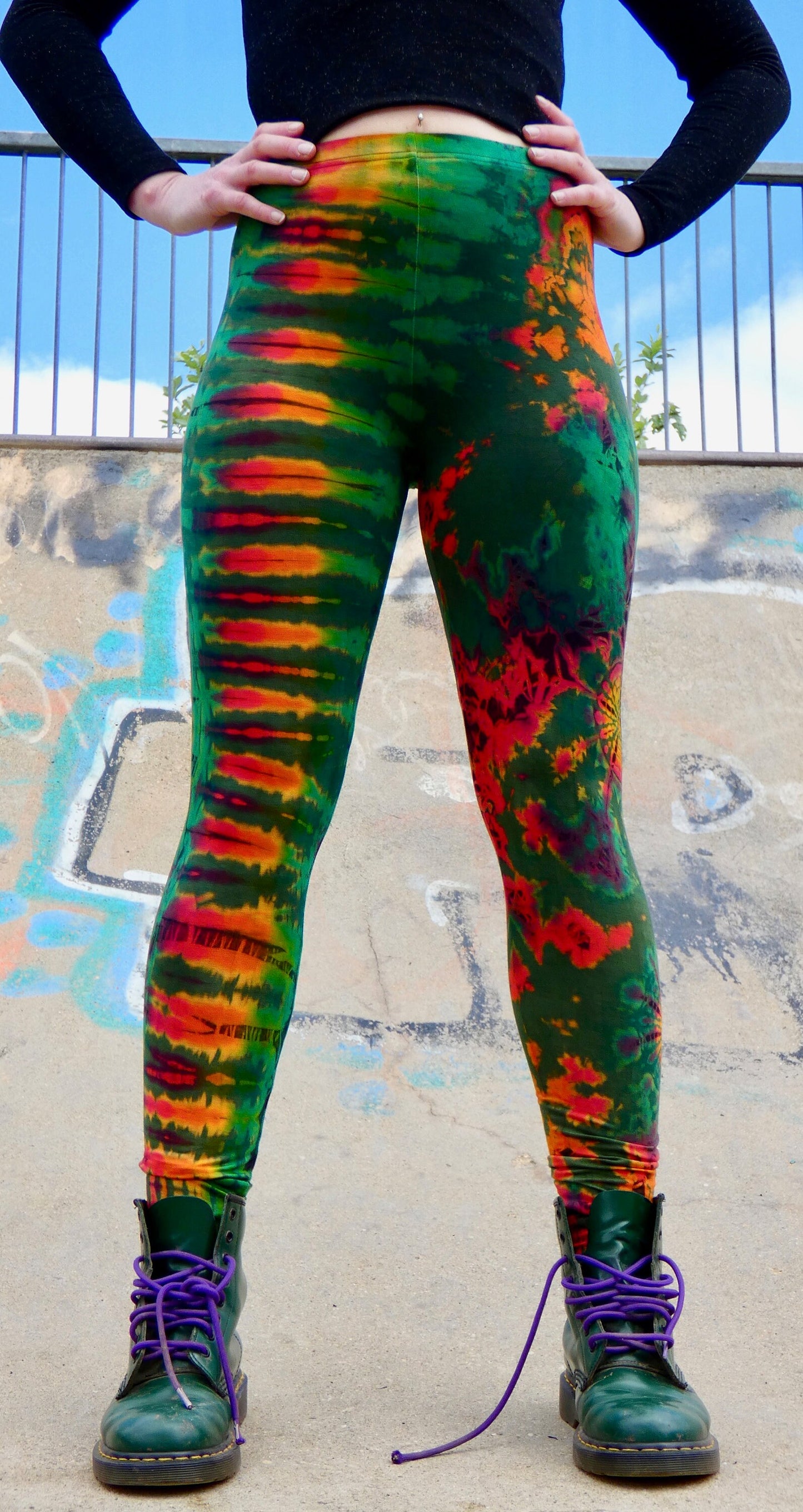 Olive Green Colourful Tie-Dye Leggings SMALL