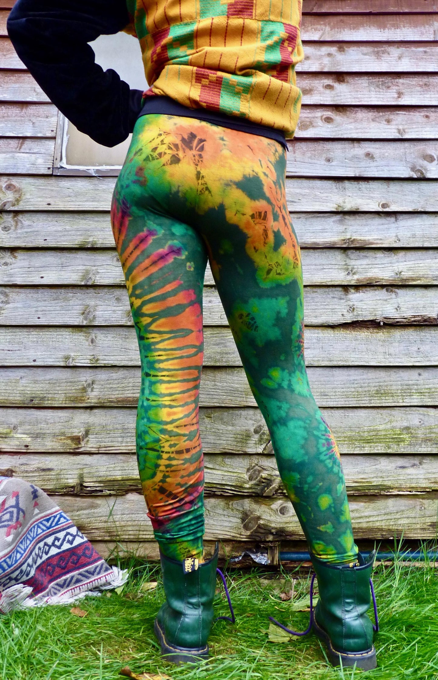 Olive Green Colourful Tie-Dye Leggings SMALL