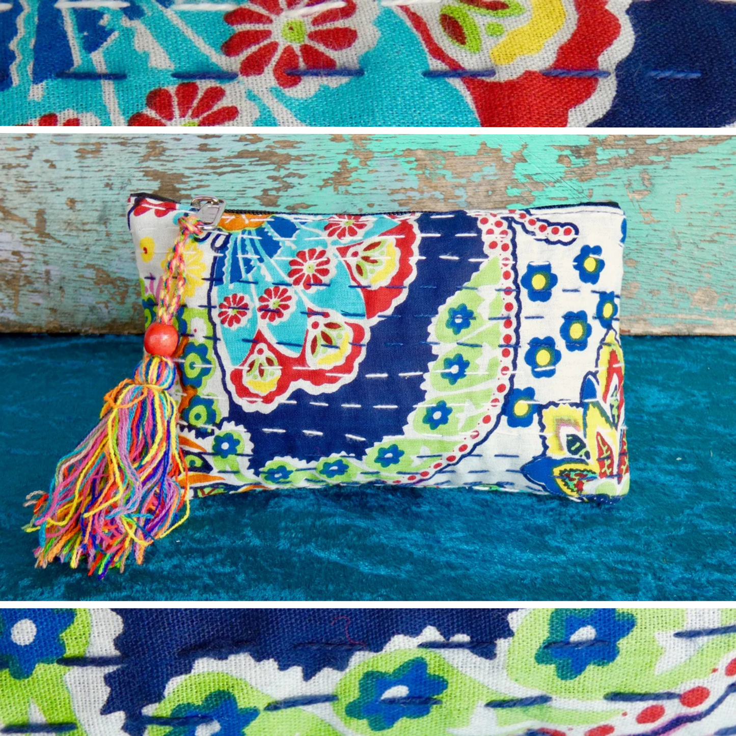 Handmade Cotton Kantha Purse - Navy Blue