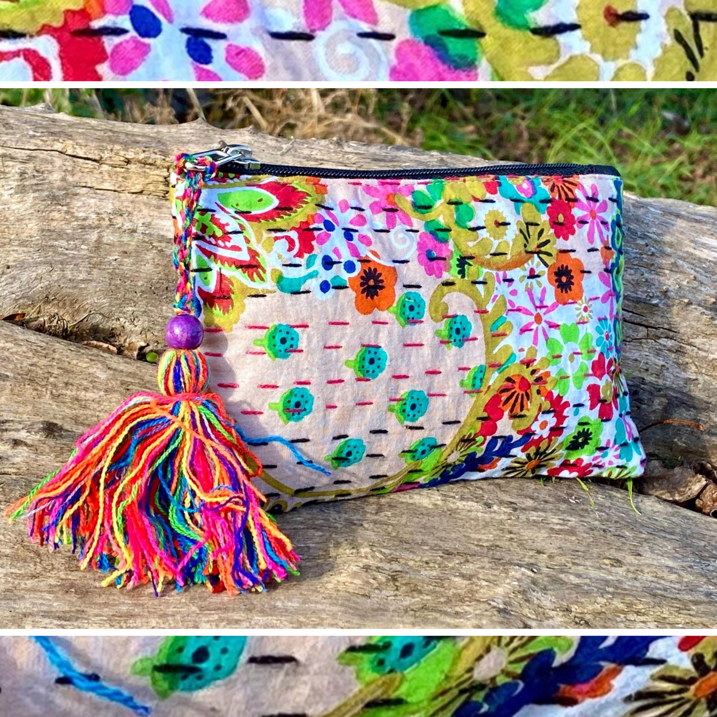 Handmade Cotton Kantha Purse - Beige