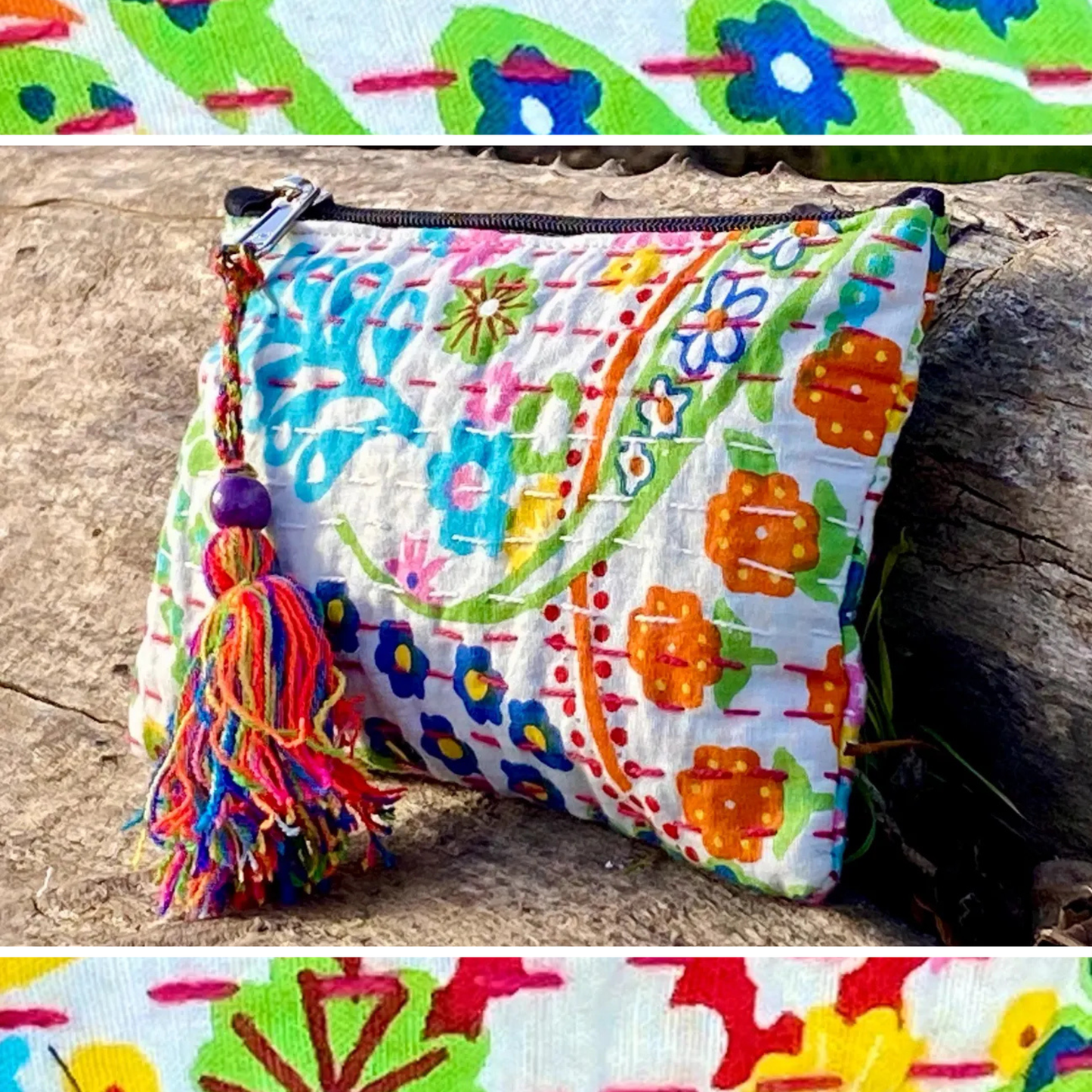 Handmade Cotton Kantha Purse - White