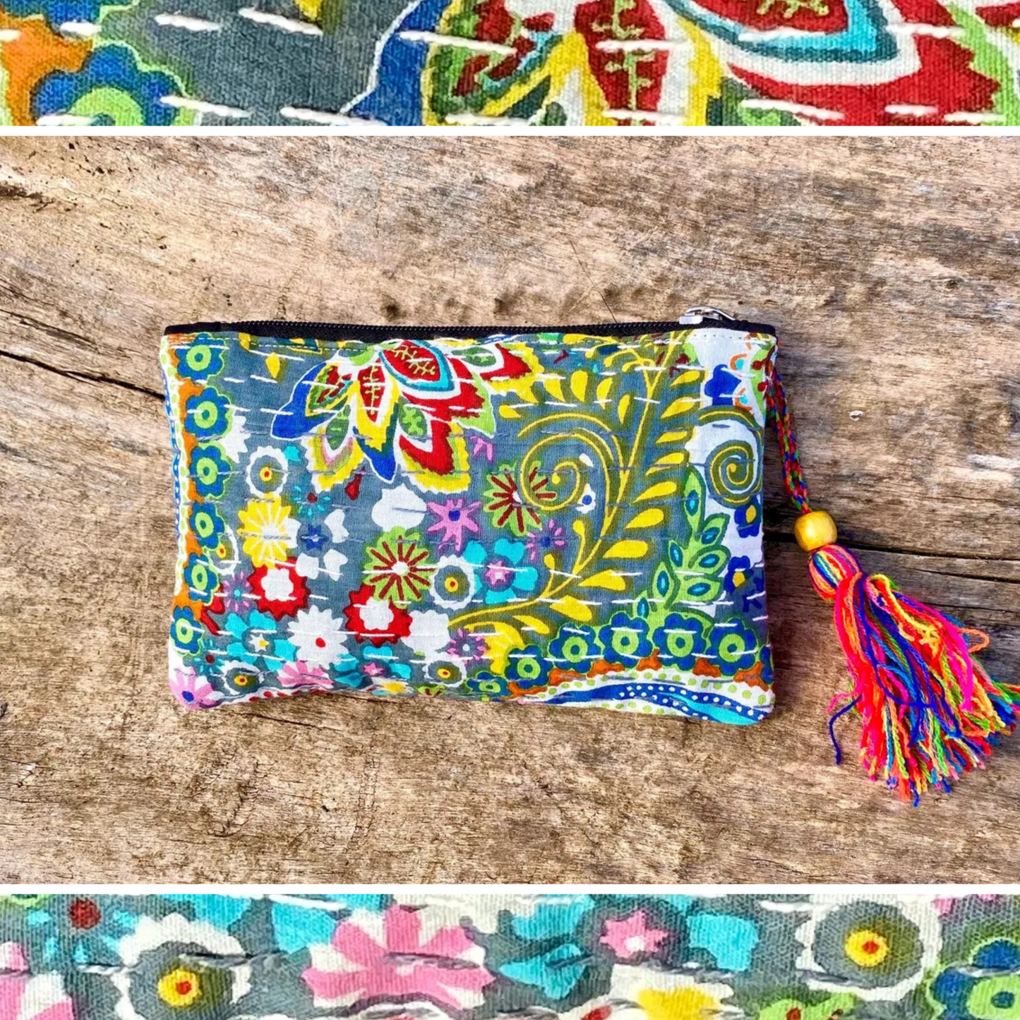 Handmade Cotton Kantha Purse - Grey